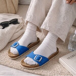 Birkenstock Madrid Cobalt Blue Big Buckle Textured Slip-on Sandals Birko-Floor